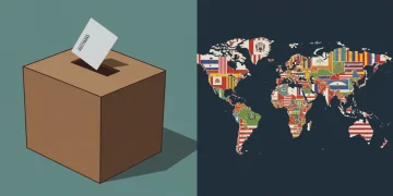 U.S. ballot box and world map with diplomatic symbols, representing electoral impact on global policy.