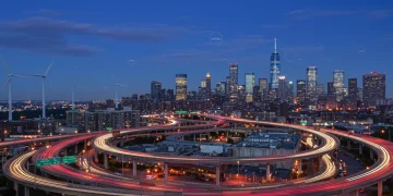 US Infrastructure Bill 2026: $500 Billion Reshaping National Development Modern US city with advanced infrastructure projects and renewable energy, illustrating national development