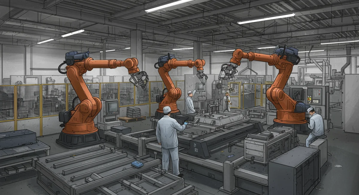 Advanced manufacturing facility in the US, depicting automation and human collaboration in reshoring efforts.