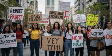 Diverse young people engaged in civic activism, holding signs in a vibrant city square.