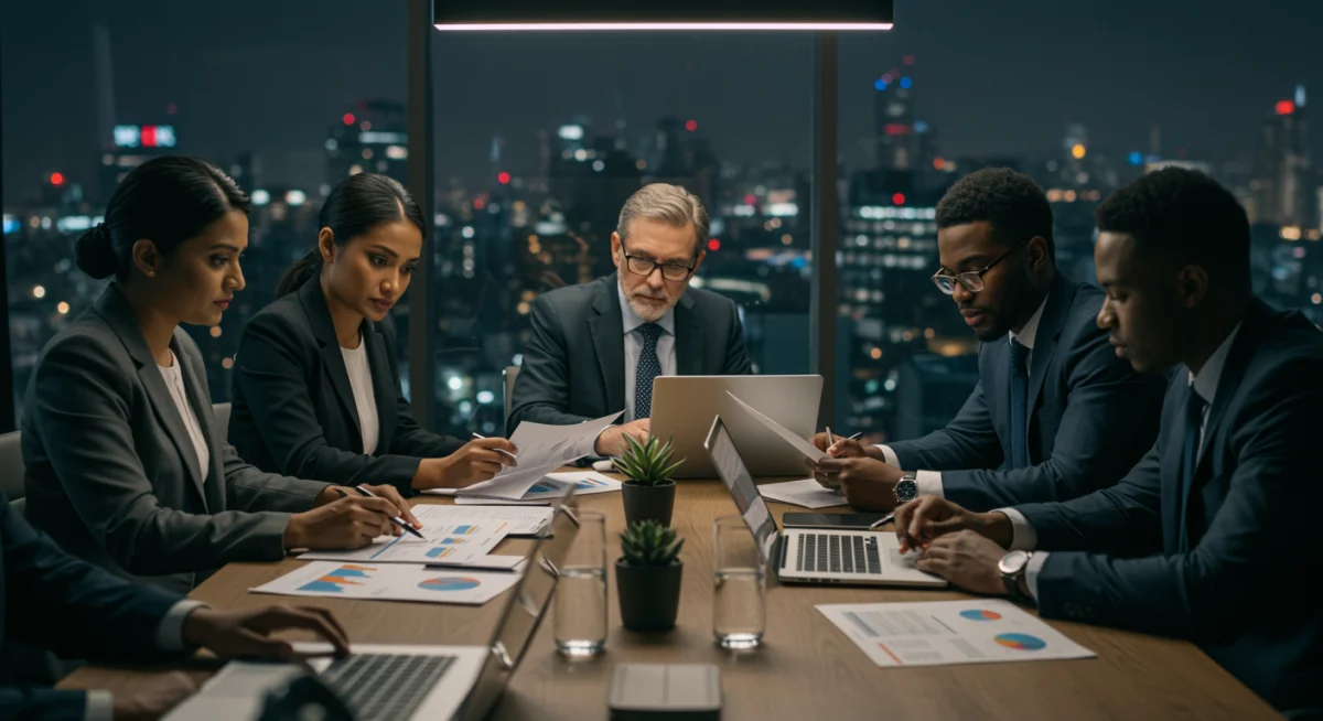 Business executives in a meeting discussing strategic implications of new trade policies.