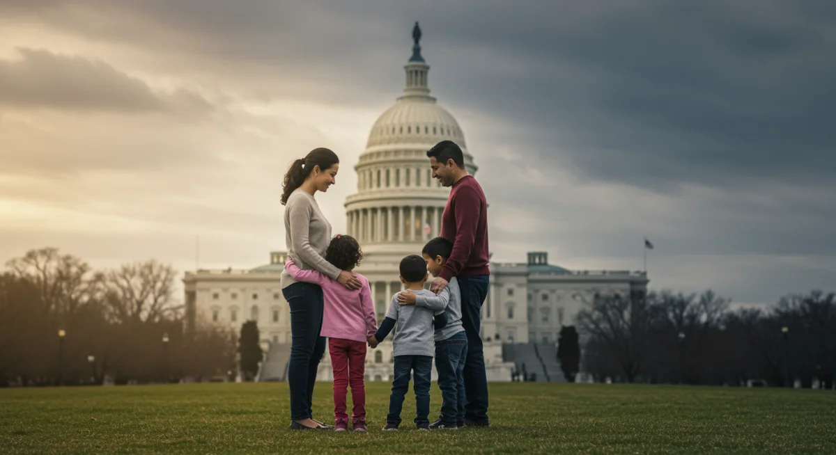 Family embracing with US Capitol in background, representing family immigration impact