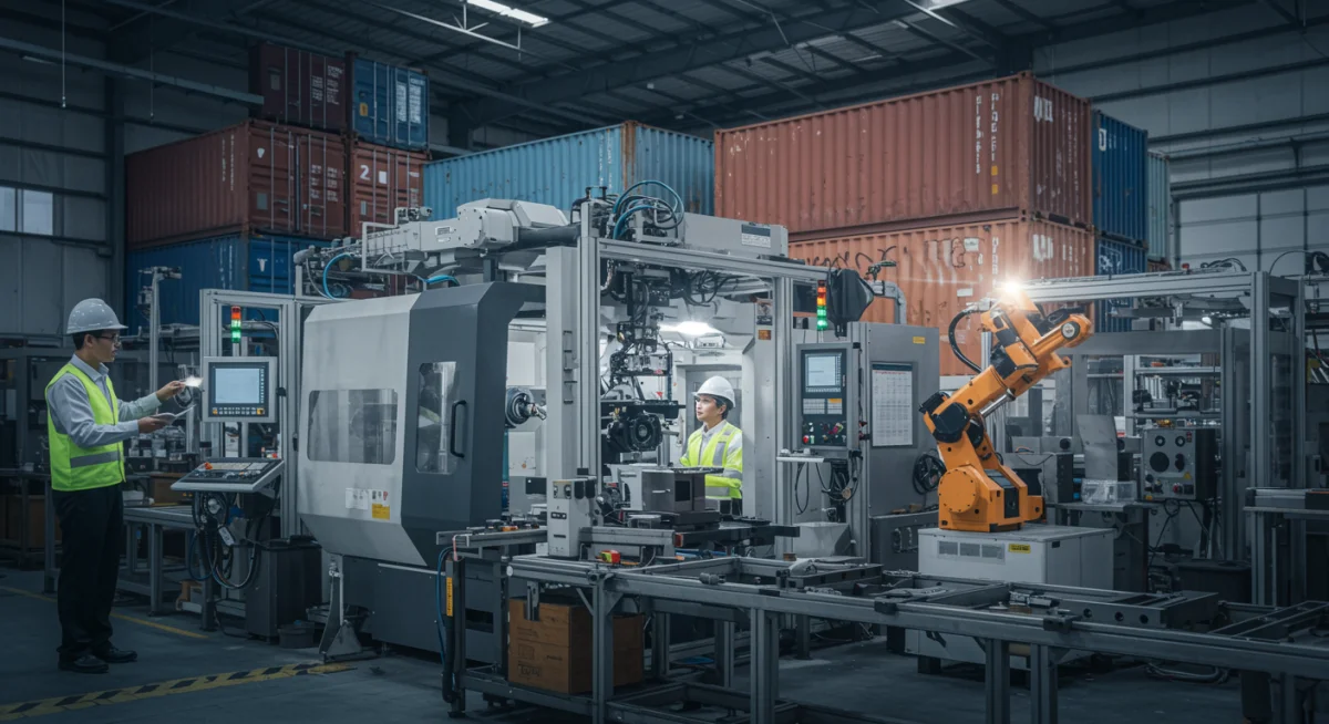 Modern factory with automation and human labor, symbolizing industrial adaptation to trade shifts.