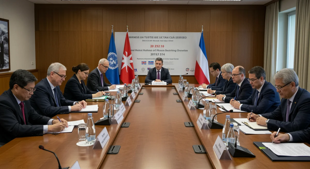 Diverse diplomats discussing human rights at international conference