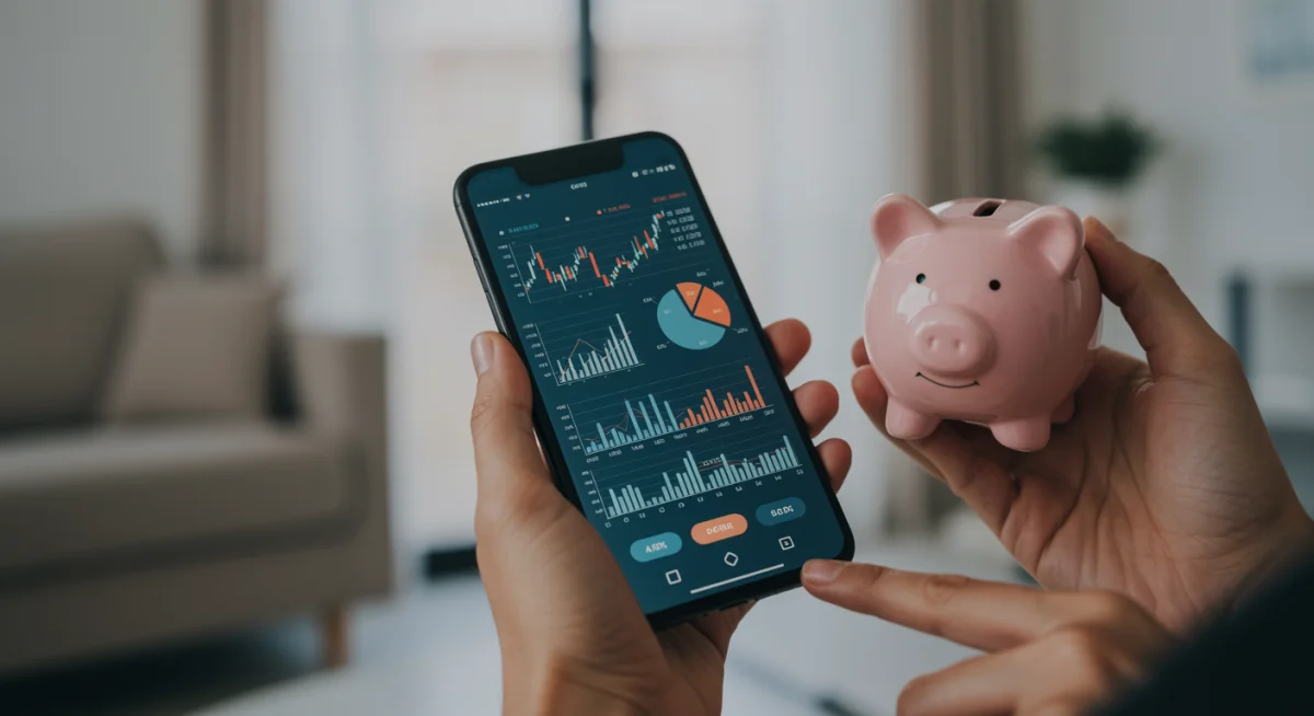 Person reviewing financial app on smartphone next to a piggy bank, symbolizing personal finance management