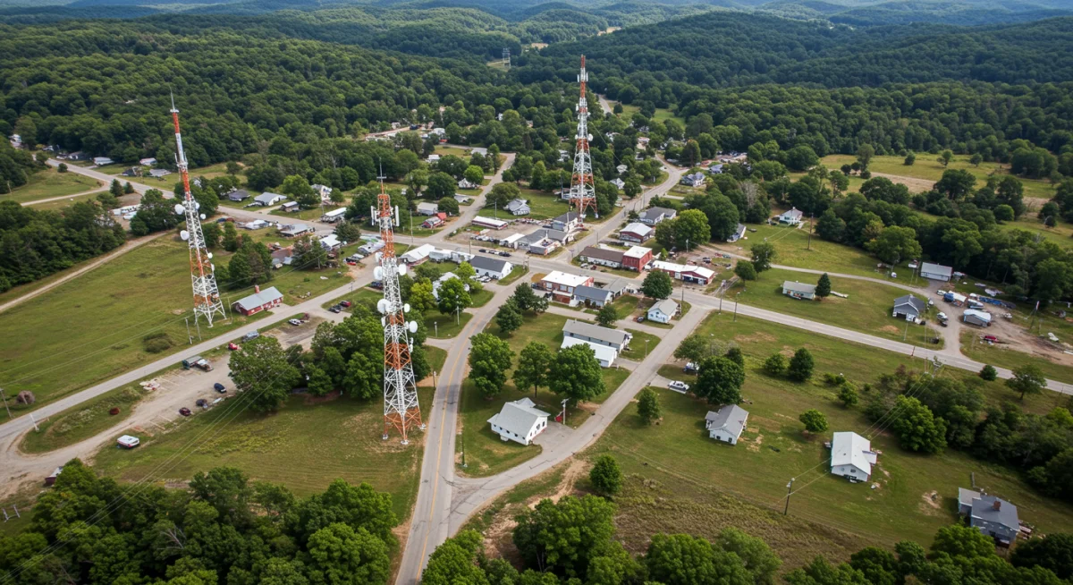 Aerial view of a rural American town showing integration of modern digital infrastructure.