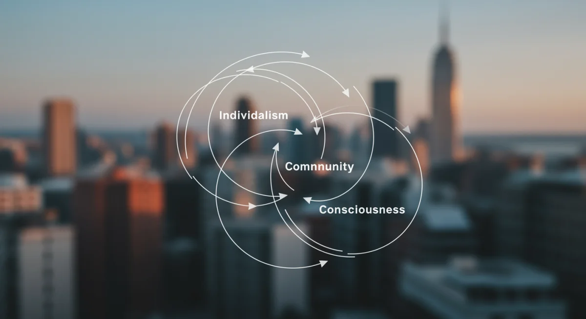 Venn diagram illustrating the intersection of individualism, community, and global consciousness.