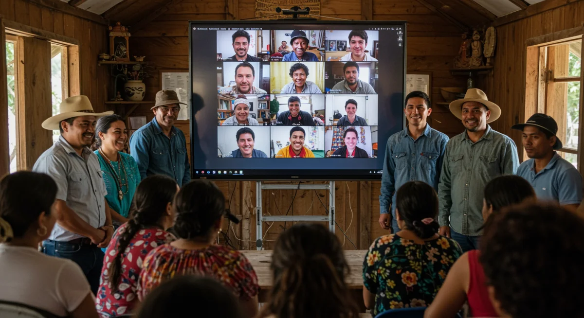 Rural community members engaging in a virtual cultural event on a large screen.